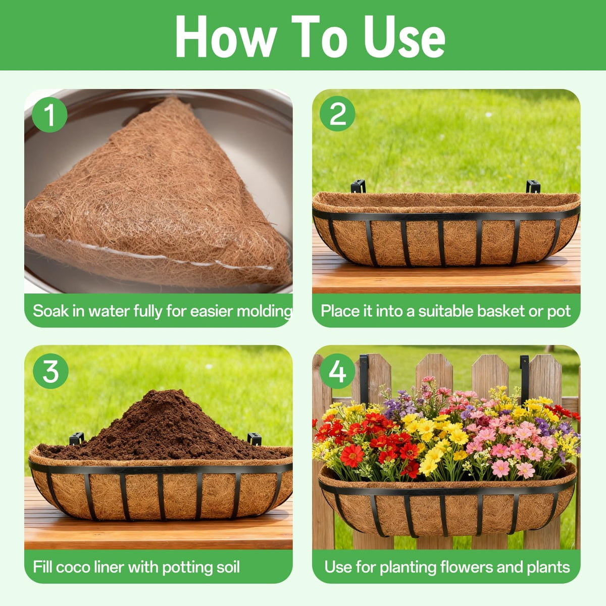 ZeeDix 24 Inch Trough Coconut Liners for Planters (4-Pack) - 100% Natural Coconut Coir Fiber Planter Liners Replacement for Window Boxes, Wall Baskets, Deck Flower Boxes, Garden Railing Fence Troughs