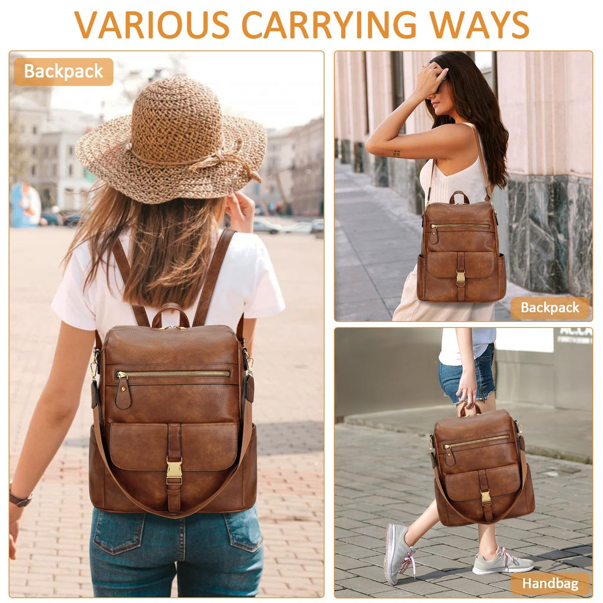 KKXIU Backpack Purse for Women - Multi-pocket Leather backpack for Travel, Work & School with Anti-Theft Lock Pocket, Luggage Strap & Water Bottle Pockets - 13x14x5.2 Inch (B-Brown)