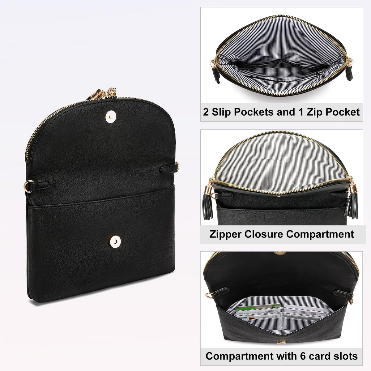 Solene Women's Envelop Clutch Crossbody Bag With Tassels Accent (WU075-Black)