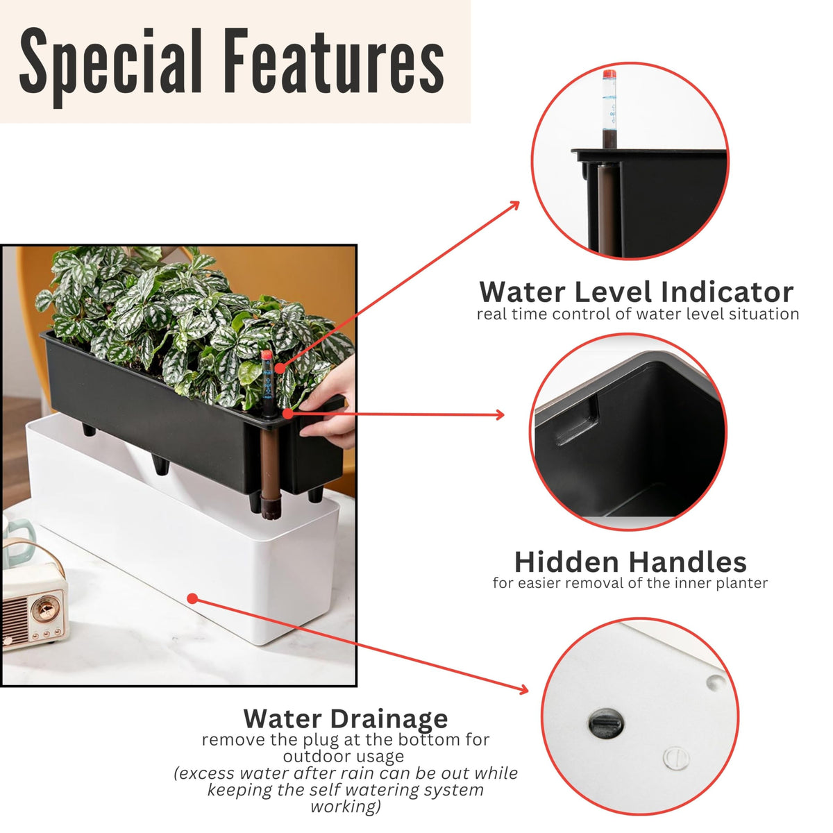 LaLaGreen Bundle - 2 Pack, 16 Inch White Self Watering Planter Box for Indoor Plant + 4 Pack, 500g Coconut Coir Chips for Plants Herb Garden Seedling Outdoor Planting Soil Vegetable Flower Orchids