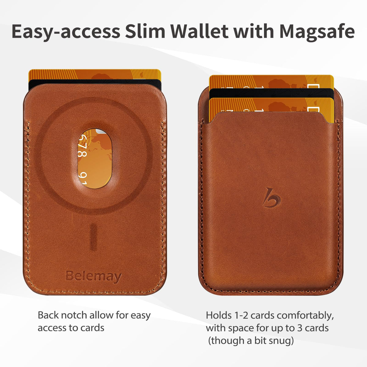 Belemay Strong Magnetic Wallet Compatible with Magsafe, Luxury Minimal Card Holder for 1-2 Cards, Premium Full-grain Smooth Leather Compatible with iPhone 17/16/15/14/13/12 series&MagSafe cases, Brown