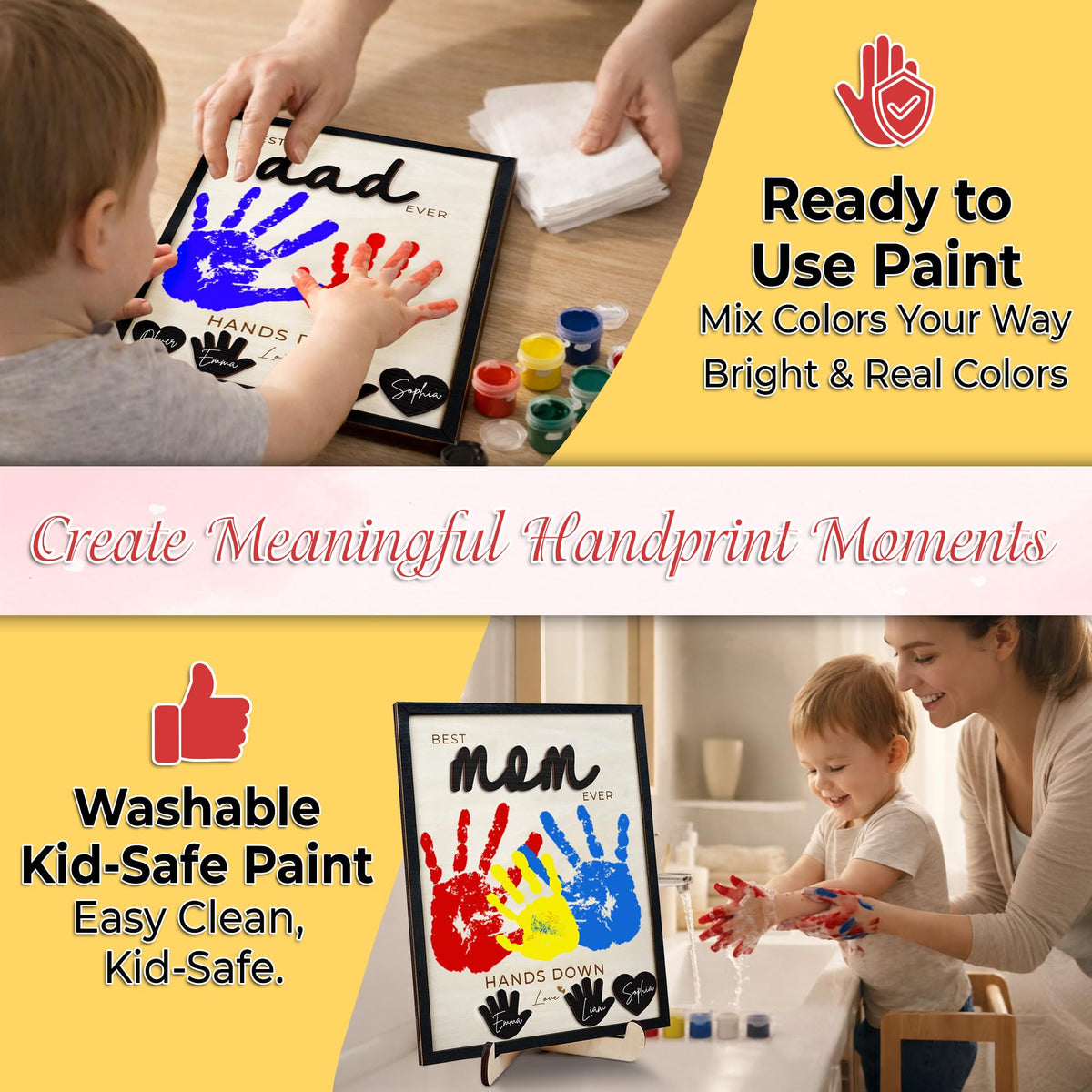 10" Hands Down Best Mom Ever Sign DIY Kids Gifts For Mom Handprint Kit with Acrylic Paints, Toddler Craft Birthday Gift Mother's Day Keepsake for Mum, Family Plaque with Daughter, Son Names HF90-M