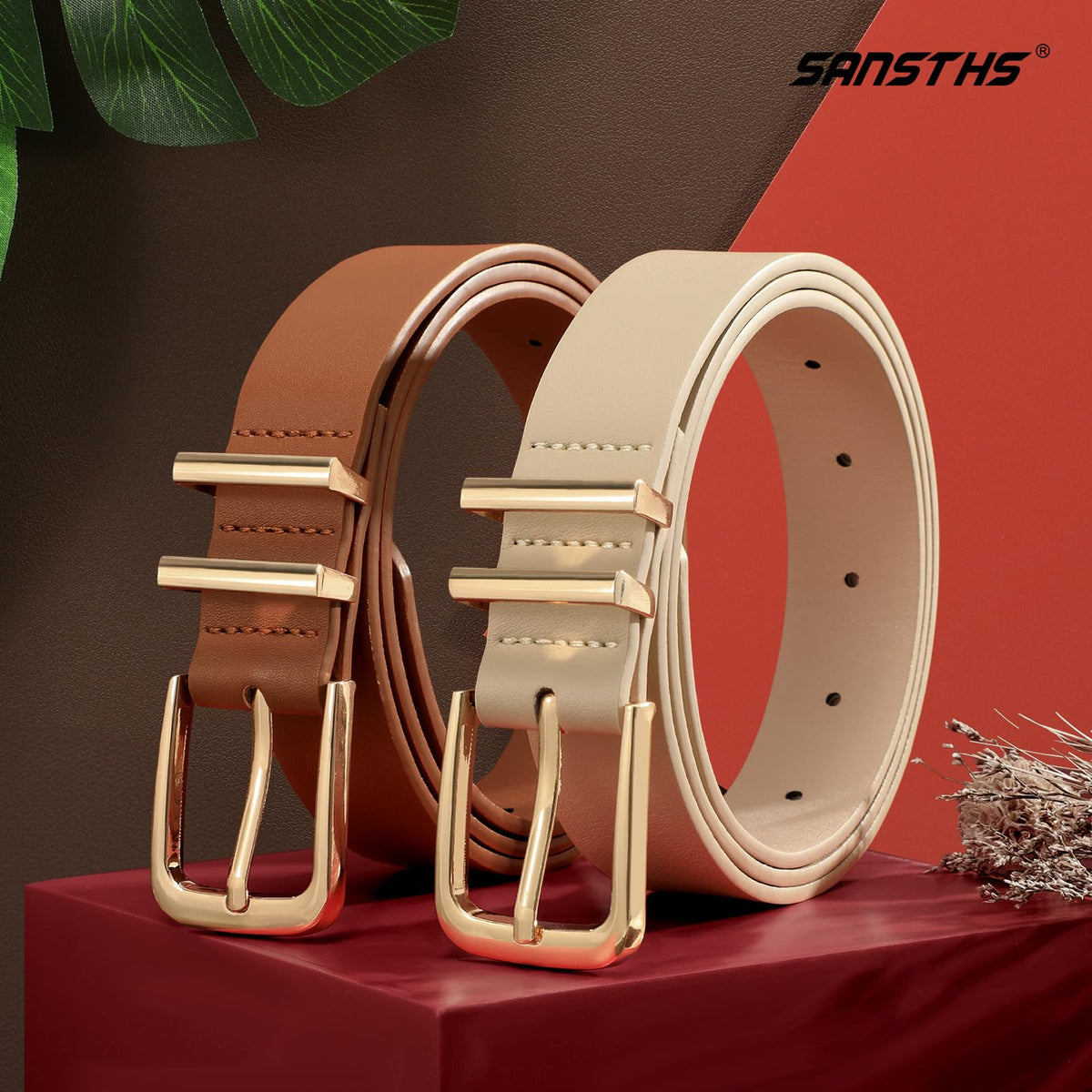 SANSTHS 2 Pack Women Belt for Jeans Pants, Simple Fashion Ladies Waist Belt with Gold Buckle, 1inch Width, Black+Beige S