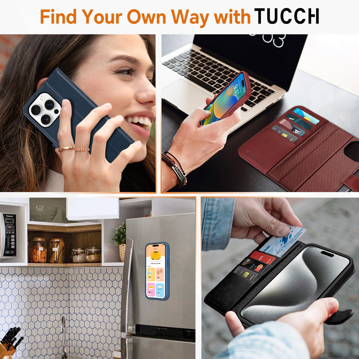 TUCCH Case Wallet for iPhone 15 Pro, Detachable Stand RFID Blocking 4 Card Slot Wireless Charging Shockproof Case, 2-in-1 Magnetic PU Leather Removable Folio Compatible with iPhone 15 Pro 6.1", Black