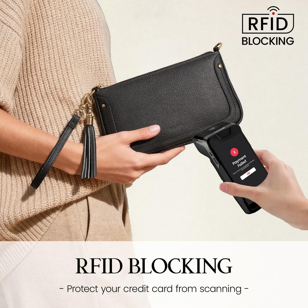 befen Genuine Leather Wristlet Wallets for Women, Black Cell Phone Purse with Built in Wallet Soft Real Leather Crossbody Bag with RFID Blocking Small Cluth Purses with Wrist and Crossbody Strap
