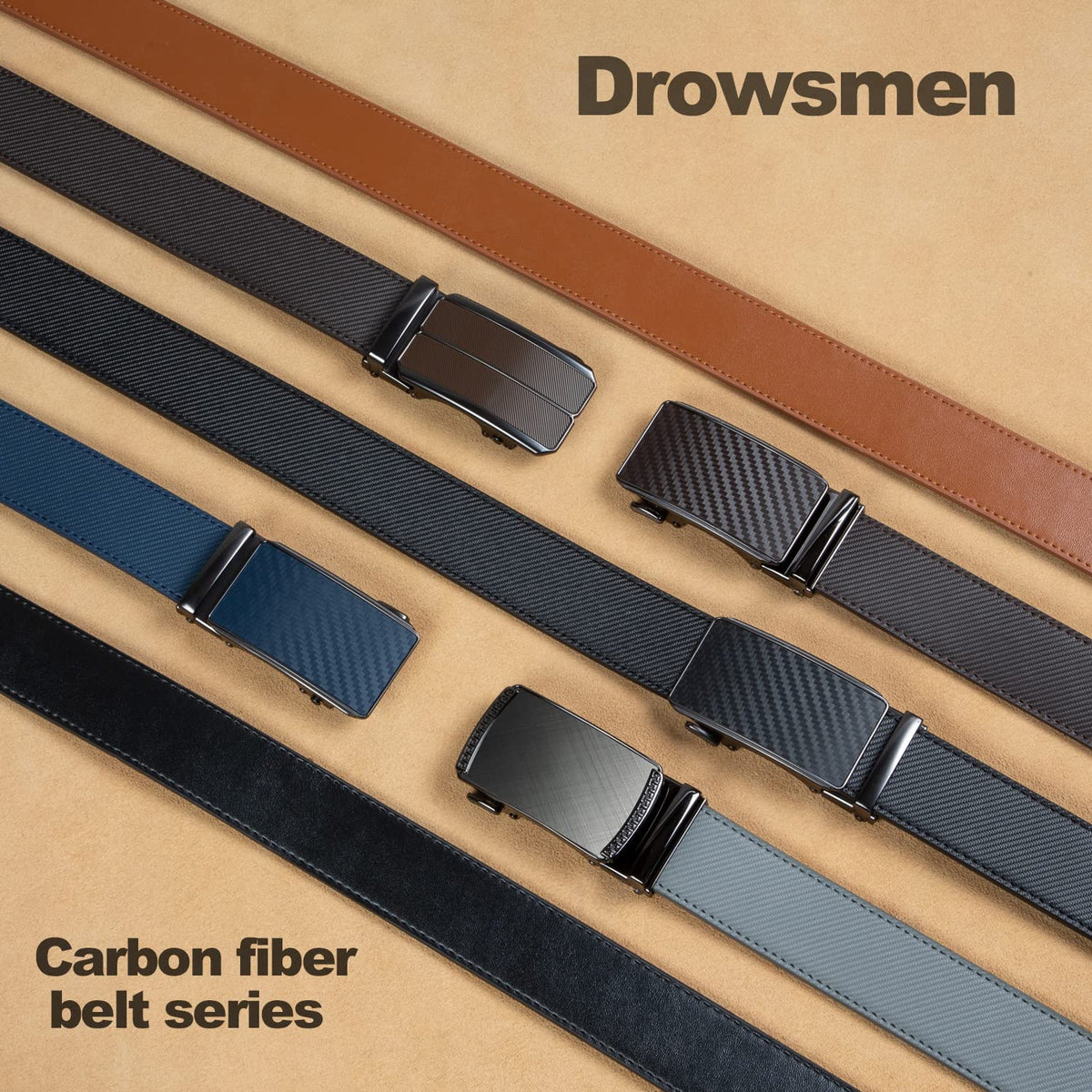 Drowsmen Belt men,leather ratchet Strap 1 3/8" with Comfort Click Sliding Automatic Buckle in gift box, Adjustable belt Trim to Fit (Carbon Fiber M Straps, 32"-38" Waist Adjustable)