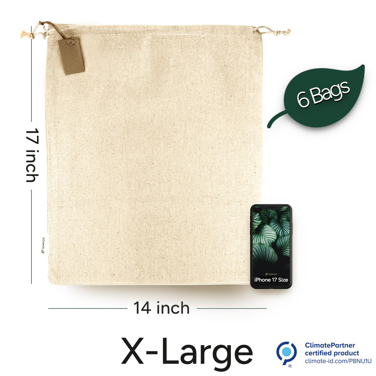 LEAFICO Cotton Storage Bags – X-Large 14x17 Inch (6-Pack) – Reusable Muslin Bags with Drawstrings – Biodegradable Canvas Fabric Sacks – Perfect for Bread, Bulk Produce, Potatoes, Onions, Shoes