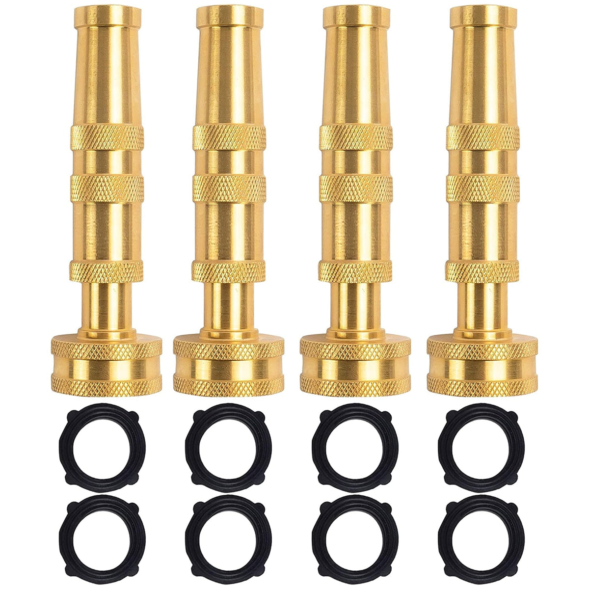 Hourleey Adjustable Twist Hose Nozzle, 4" Heavy-Duty Brass Hose Nozzle with 8 Garden Hose Rubber Washers (4 Pack)