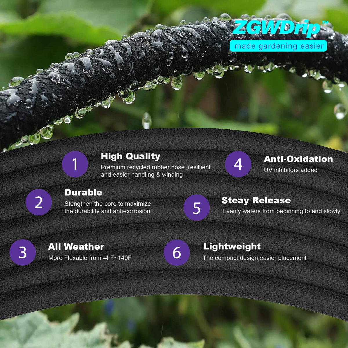 ZGWDrip 100FT 1/2" Water-Saving Soaker Hose with Solid Brass Connectors, Drip Irrigation Kit for Lawn & Landscaping with Metal Ground Stake & Accessory Kit