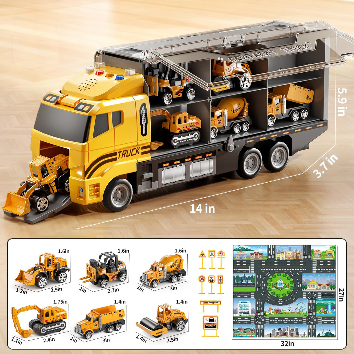 NIPLOOOW Toddler Boys Construction Truck Vehicle Toy Set with Play Mat and Die-Cast Toy Car, Transport Carrier Truck for Kids 3-5, Birthday Gifts Toys for 3-8 Year Old Boys