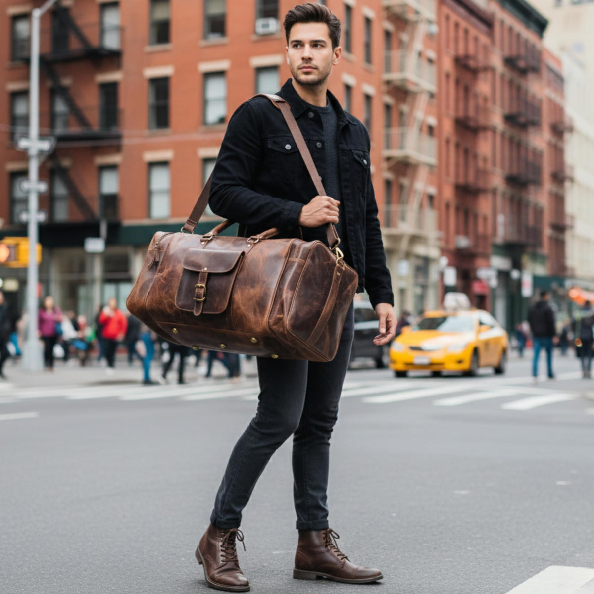 Handmade World Leather Duffle Bag for Men – Full Grain Buffalo Leather Weekender Travel Bag, Large Carry On Overnight Gym Bag, Handmade Rustic Brown Leather Luggage 24 Inch (Crunch Leather)