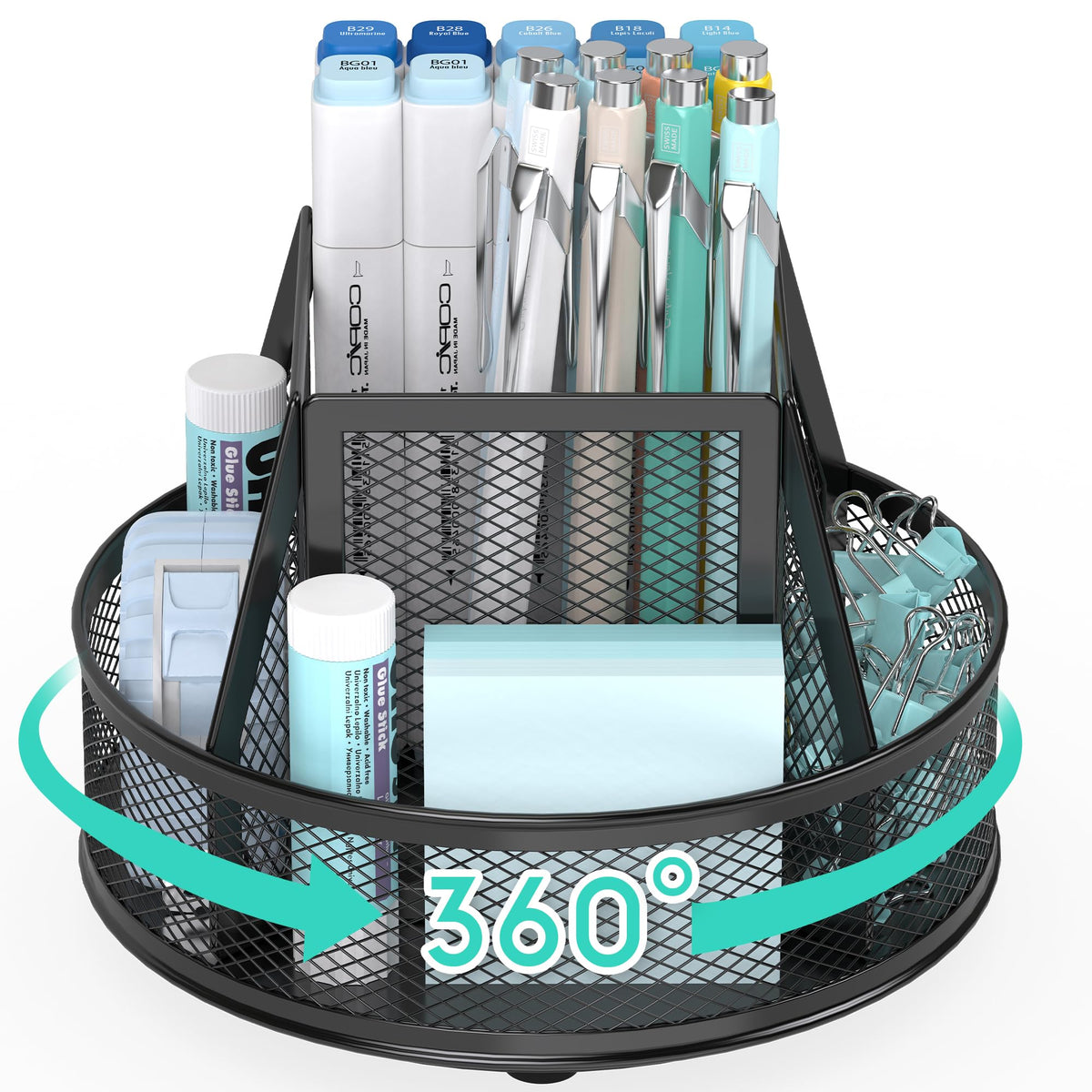 YINGHUA Metal Mesh Desk Organizer with 5 Compartments and Rotating Pencil Holder Pen and Stationery Organizer for Office Home School Anti Slip Base Black