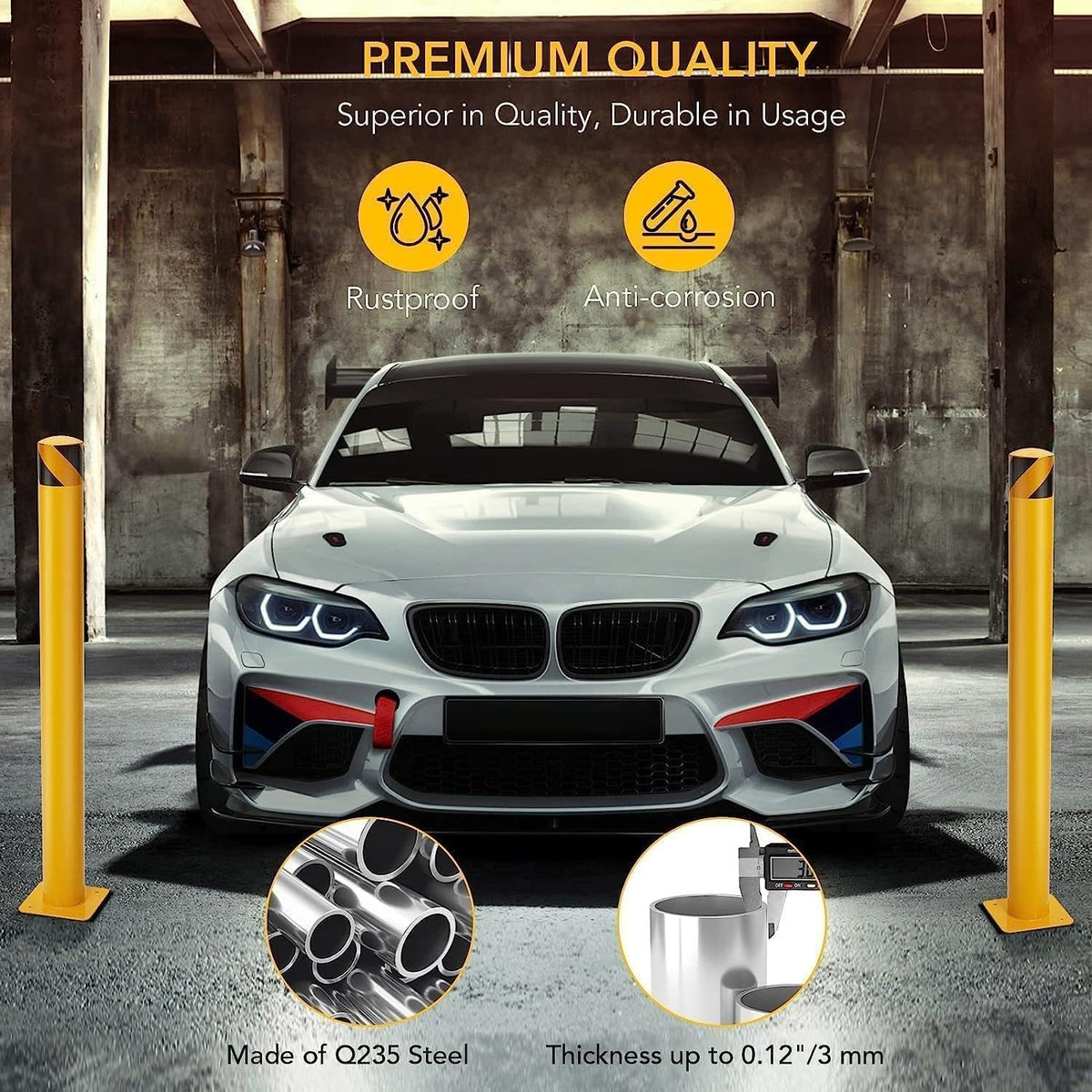 6-Pack 48 Inch Steel Safety Bollards, 4.5 Inch Diameter Parking Bollard Post with 24 Anchor Bolts, Yellow Safety Steel Bollard Post for Driveway Barrier, Traffic Control & Storefront Protection