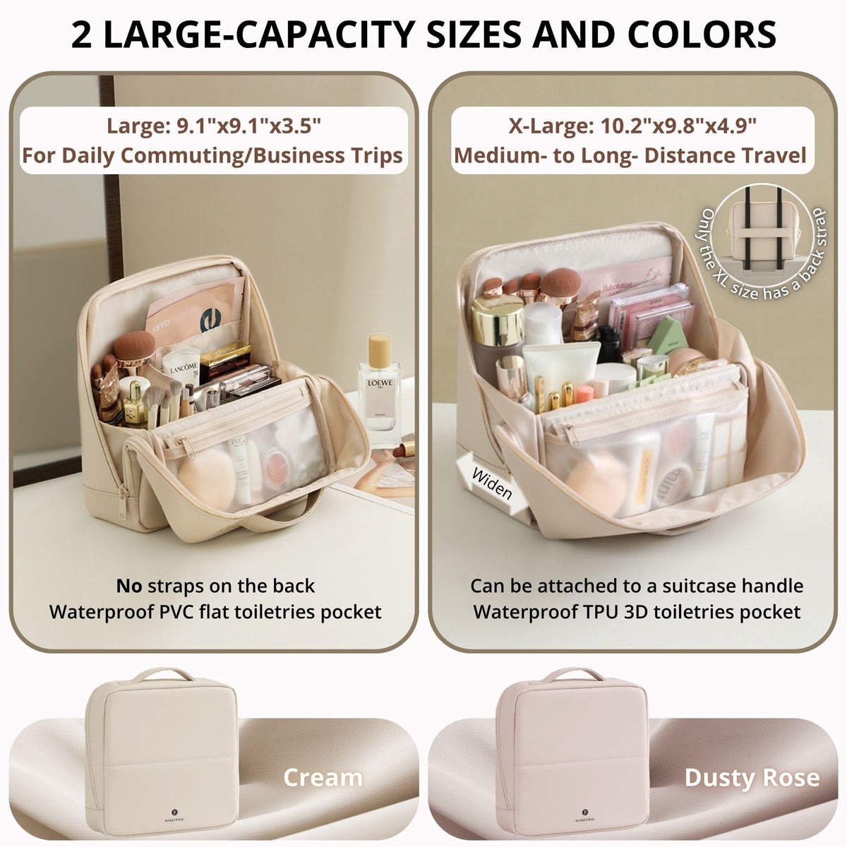 tianzong Travel Makeup Bag with Magnetic Fold-Down Flap, Waterproof Leather Cosmetic and Toiletry Organizer for Women, Multi-Zone Standing Storage, Dusty Rose, Large