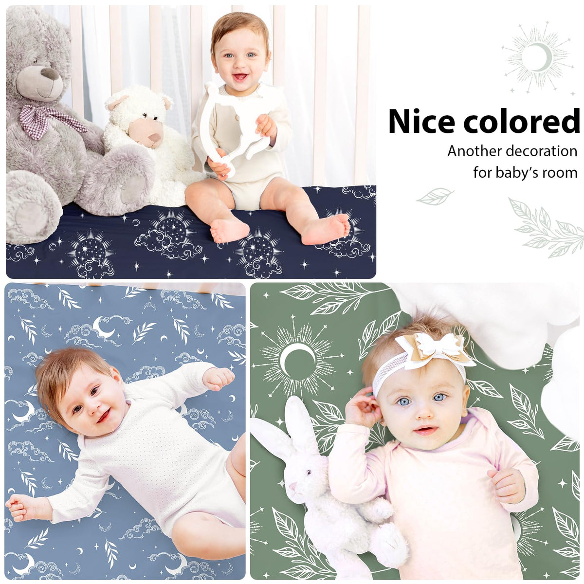 FIEMOL Baby Crib Sheets for Boys and Girls, 3 Pack Fitted Toddler Bed Sheets Neutral for 52”x28” Standard Crib and Toddler Mattresses, Super Soft Microfiber Green Starry Sky