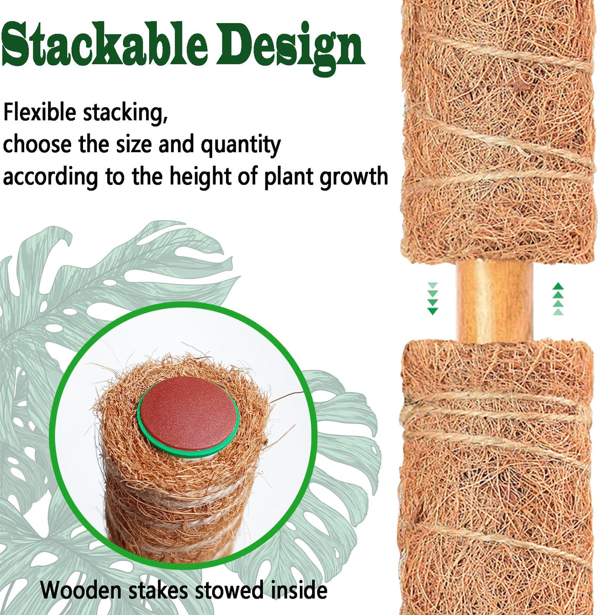2 Pack 21 Inch Moss Poles, Stackable Moss Pole for Plants Monstera, 37 Inch Tall Moss Poles for Climbing Plants Indoor, Coir Totem Plant Support Stakes Stand for Potted Plants, Pothos