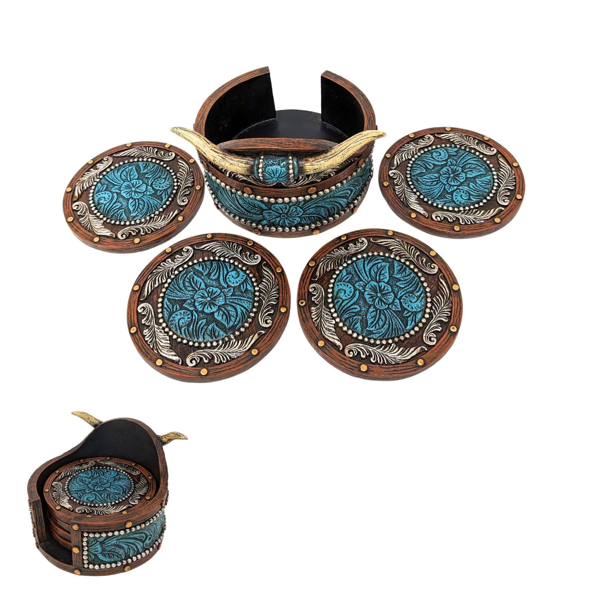 BestGiftEver Rustic Southwestern Coasters Set: Faux Horn & Tooled Leather-Inspired Western Home Decor, Lodge, Cabin - Unique Gift for Cowboy Ranch Theme Enthusiasts