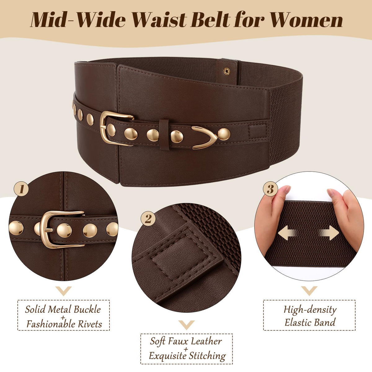 JKEEMI Wide Waist Belt Women Elastic Chunky Stretchy Elegance Belt with Gold Rivets Buckle for Daily Costume