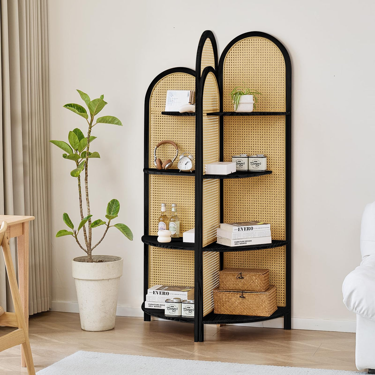 Aletheiawu Corner Shelf Stand 4-Tier 70" Corner Shelves Display Shelf Pine Wood Frame with Rattan Wall Corner Bookshelf Multi Unit Organizer Rack with Legs for Living Room Decor,Small Space (Black)
