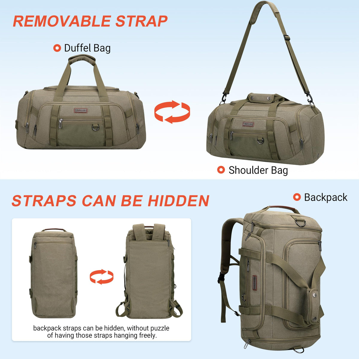 WITZMAN Canvas Duffel Bags for Men Traveling 3 in 1 Backpack Carry-on 40L Weekender Overnight Bag with Shoe Compartment(A8006/2 Army Green)