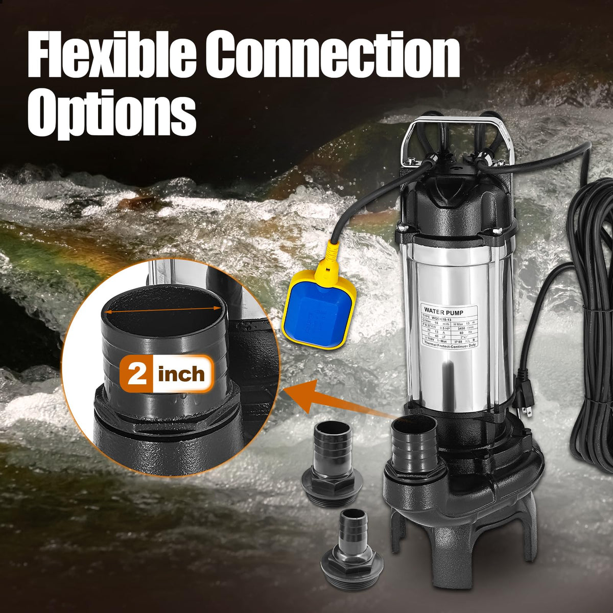 4PN 4755 GPH Submersible Water Pump With Float Switch Replacement for 4-PN 50PN2.4S Sump Pump, Cast Iron and Stainless Steel, 2" Discharge, H Max 44ft, 115V, 1/2 HP