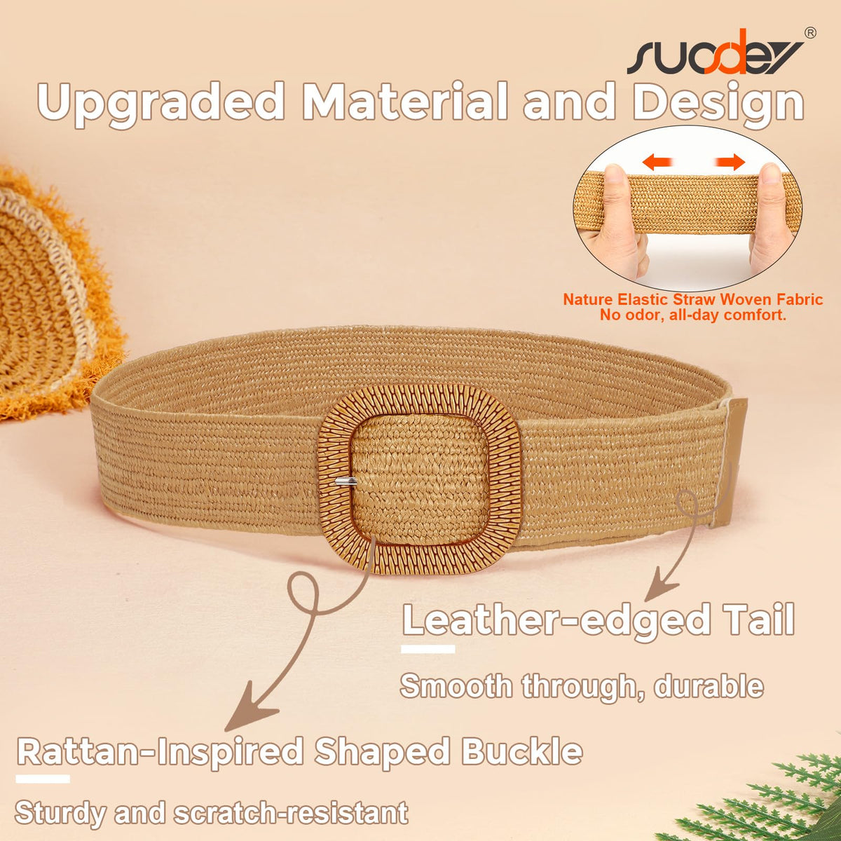 SUOSDEY Straw Woven stretchy Waist Belt for Women Dresses,Wide Boho Braided Elastic Belt with Round Buckle