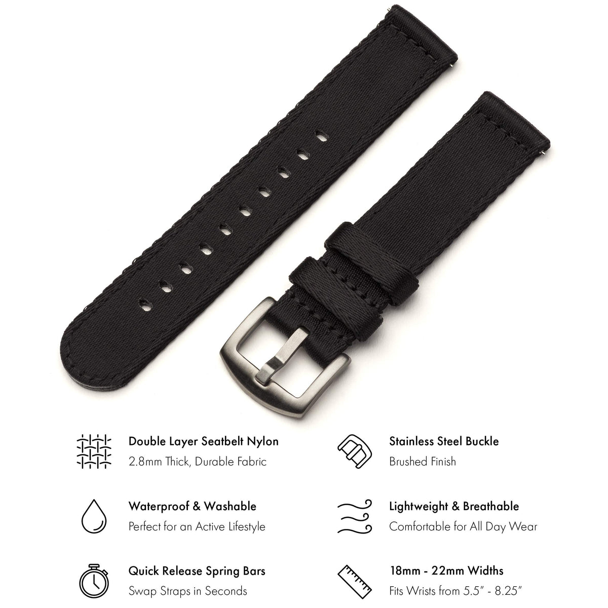 Benchmark Basics Black 20mm Quick Release Watch Band - Premium Waterproof Seatbelt Nylon Watch Straps for Men and Women - Compatible with Regular & Smart Watches