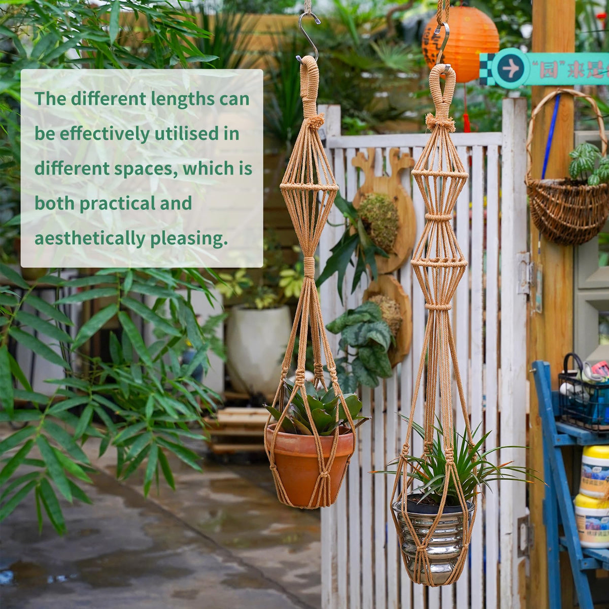Hourglass Floating Macrame Plant Hangers 2 Pack Handmade Cotton Rope Hanging Planters Basket with S Hooks, Diamond Openwork Boho Home Decor for Indoor Outdoor, Plants Holder 35" & 39” (Caramel)