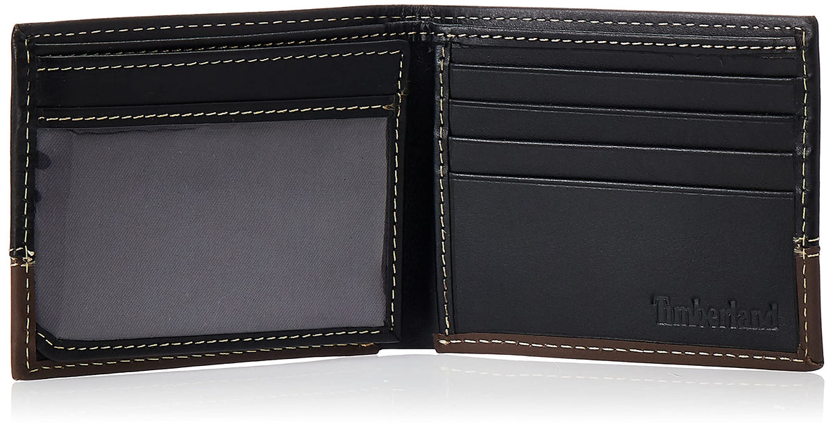 Timberland Men's Leather Passcase Bifold Wallet Hybrid, Black/Cognac, One Size