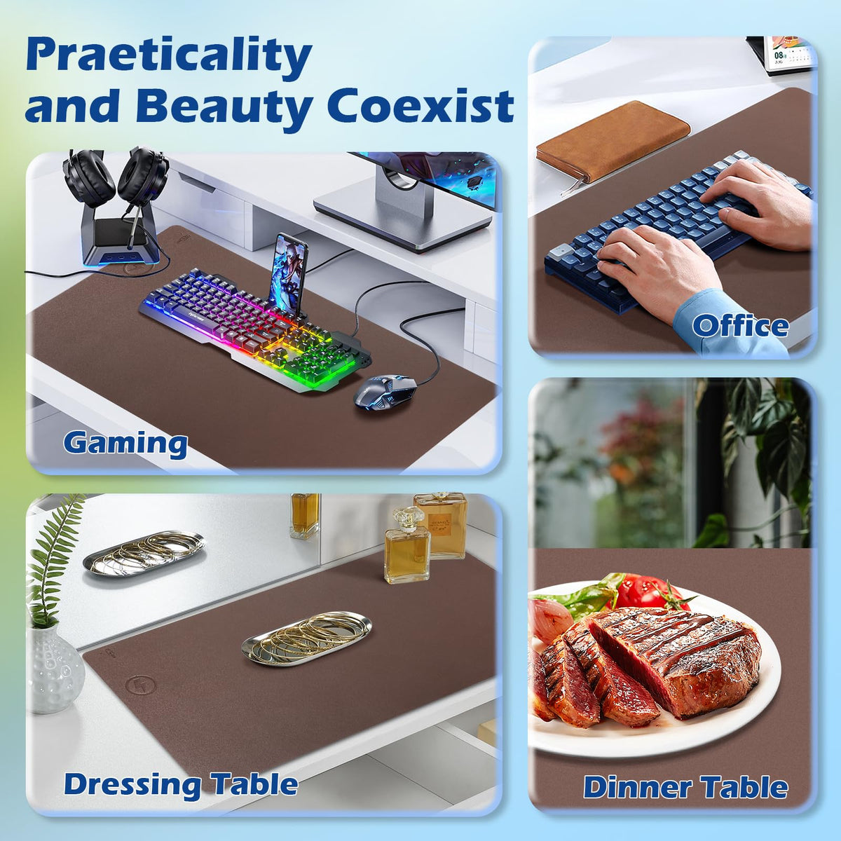 Wireless Charging Desk Mat with Desk Pad for Desktop Charging Large Mouse Pad Waterproof Leather Computer Mat Mouse Pad Non-Slip Protector on Top of Desks for Keyboard and Mouse (brown-l, 32*16inch)