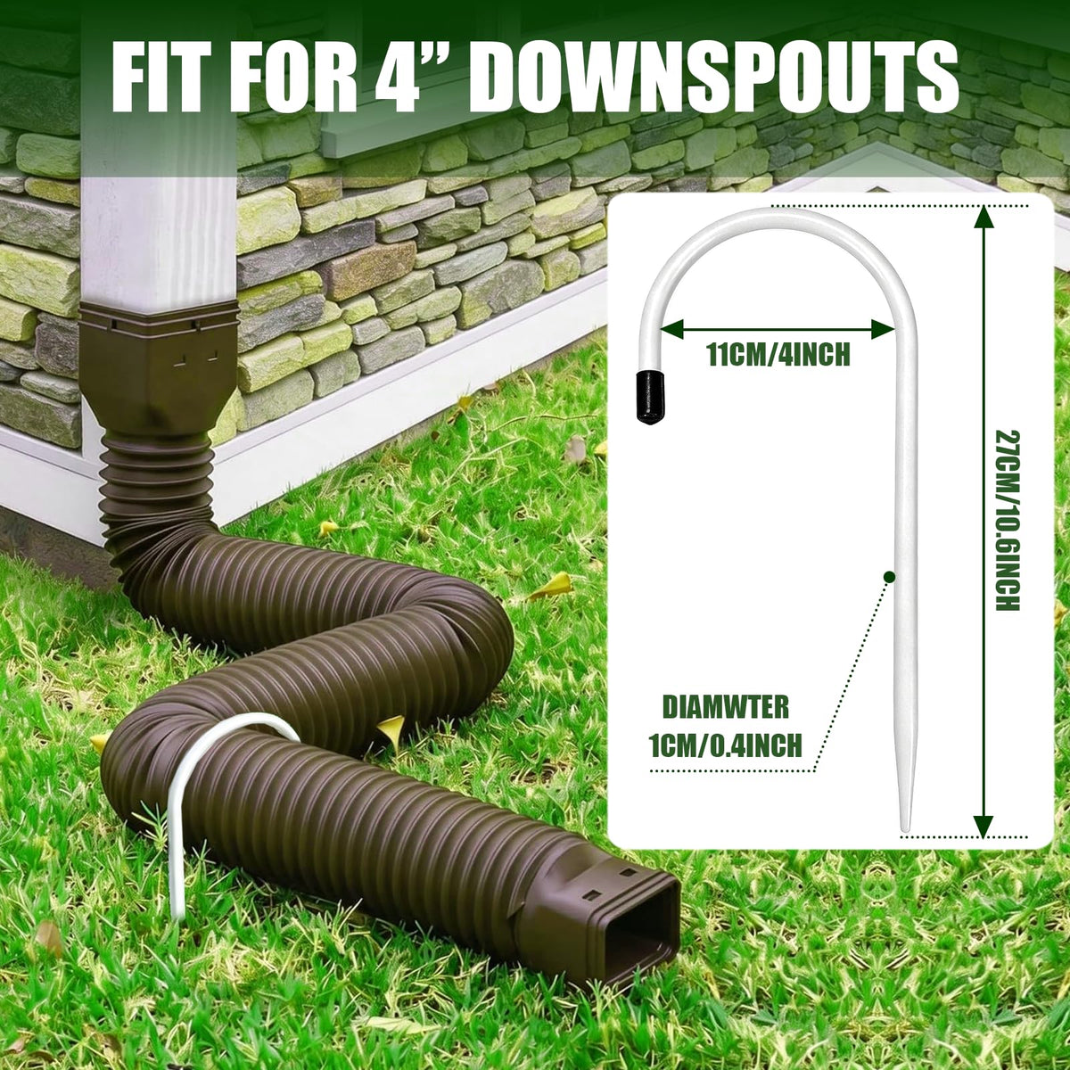 Chiliqi 2 Pack Rain Gutter Downspout Extension Fixing Pin, U-Shape Downspout Anchor Stake Fit 4" Round Downspout Extensions, Easy to Install for Efficient Rainwater Management (White-2 Pack)
