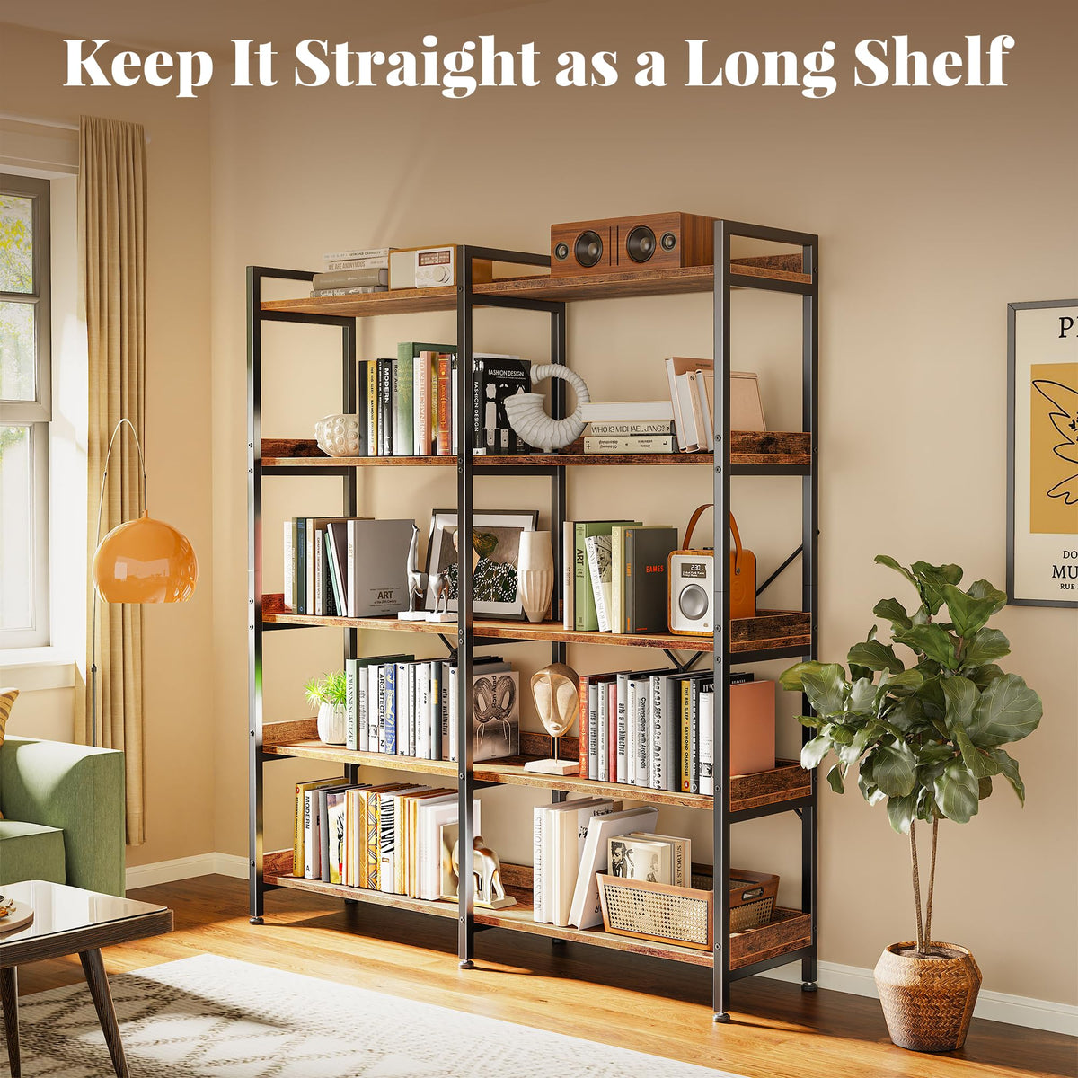 Huuger 5 Tier Bookshelf, Display Bookshelf with 10 Open Shelves and Raised Baffle, 47.2 Inch Straight Wide Bookcase with Metal Frame and Wooden Board, Adjustable Feet, Rustic Brown