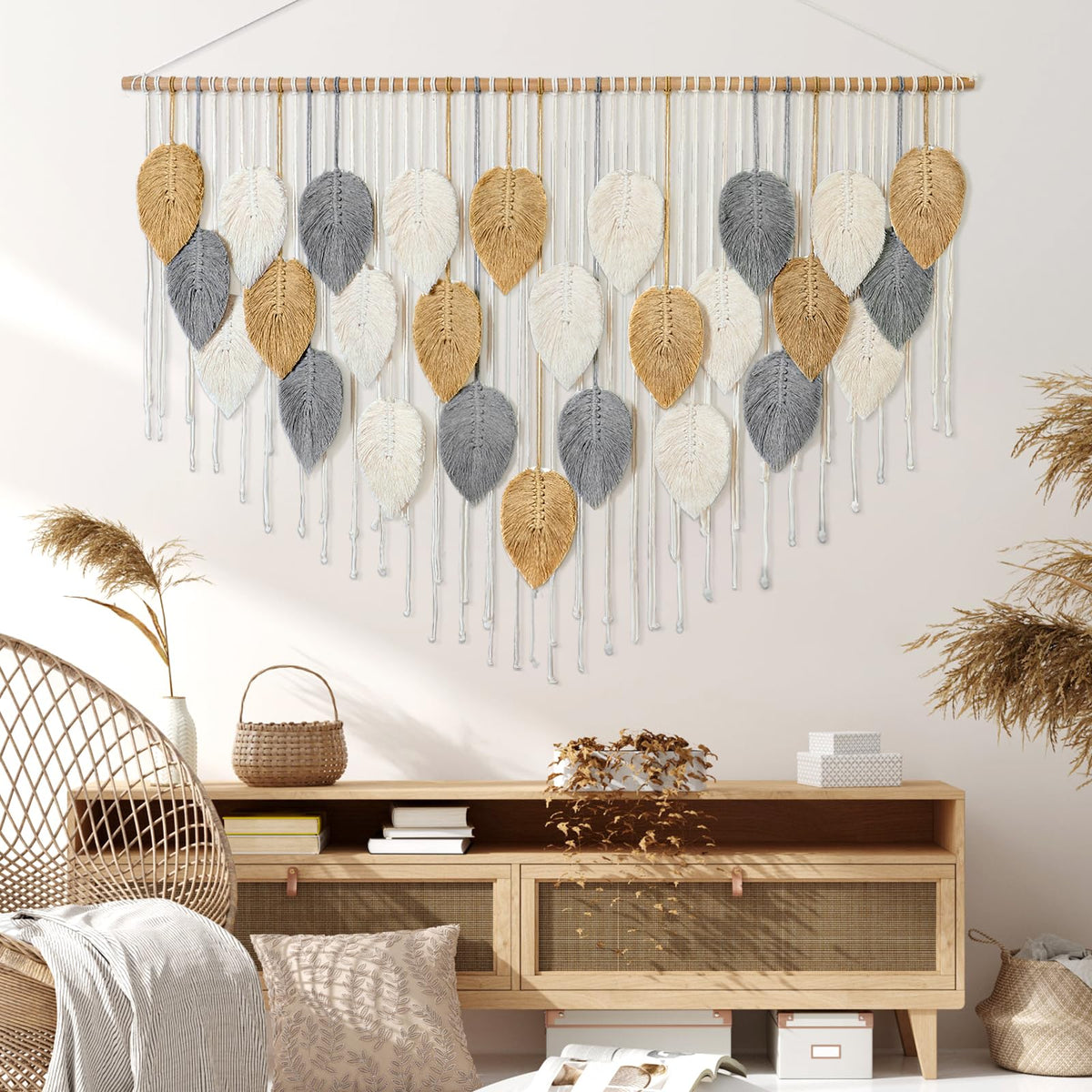KHOYIME Large Macrame Wall Hanging Boho Woven Tapestry, Chic Modern Home Decor Bohemian Farmhouse Handmade Leaf Feather Wall Art Decorations for Living Room Bedroom Nursery Dorm Backdrop 51.5"W X 33.5"L
