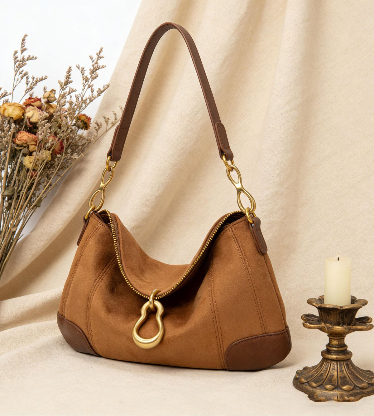 KingTo Shoulder Bag for Women Small Hobo Purse with Metal Pendant Embellished Retro Handbag Satchel (Brown)