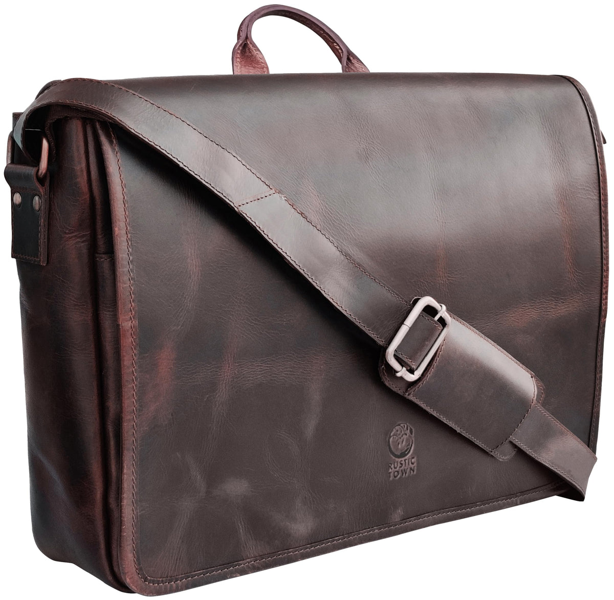 Leather Messenger Bag for Men 14 inch Leather Laptop Bag Vintage Crossbody Office Satchel Travel Shoulder Bag, Dark Brown