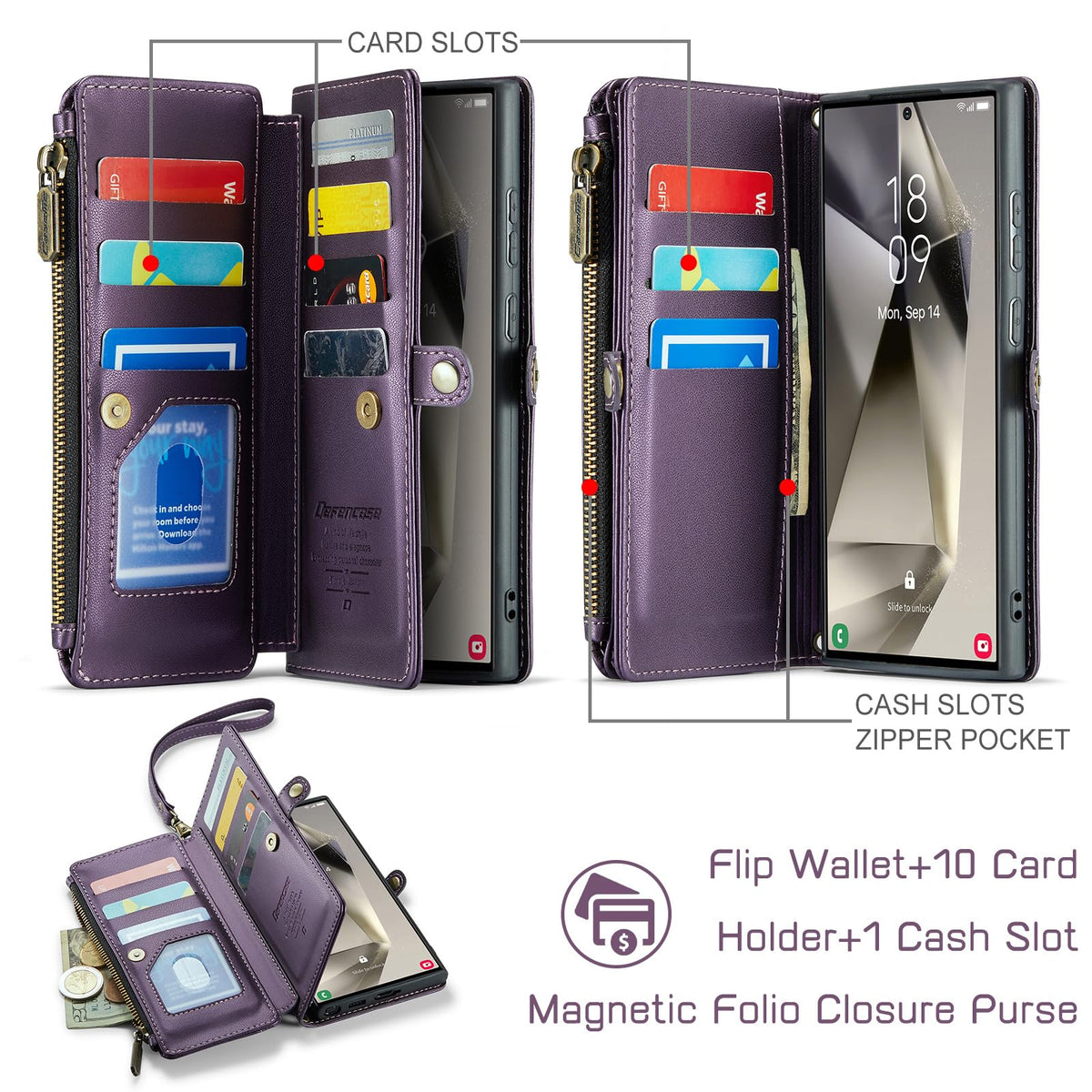Defencase Compatible with Samsung Galaxy S24 Ultra Case Wallet with RFID Blocking Card Holder for Women Men, PU Leather Magnetic Snap Flip Zipper Strap Phone Case Fit for Galaxy S24 Ultra 5G, Purple