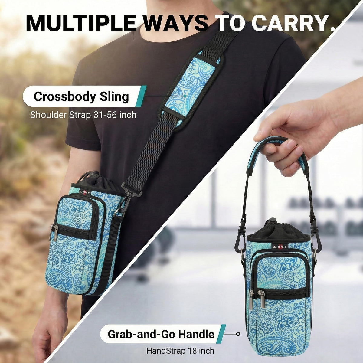 AUPET Water Bottle Sling Bag Sleeve Holder Carrier 25/32/40/64 oz,Insulated Crossbody Water Bottle Case Cover with Strap and Pockets for Men/Women Walking Hiking Camping (25oz, blue feather)
