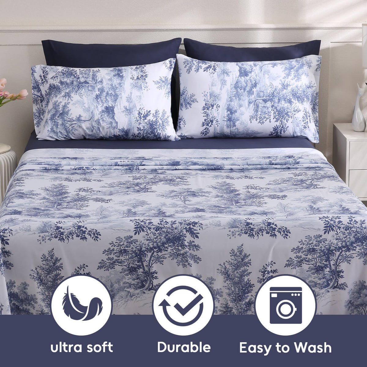 LONAVA Botaincal Queen Size 6 Pcs Sheet Set, Breathable Microfiber Deep Pocket Navy Fitted Sheets, Comfy & Breathable Patterned Flat Sheets,4 Gentle Soft Pillowcases, Blue Forest
