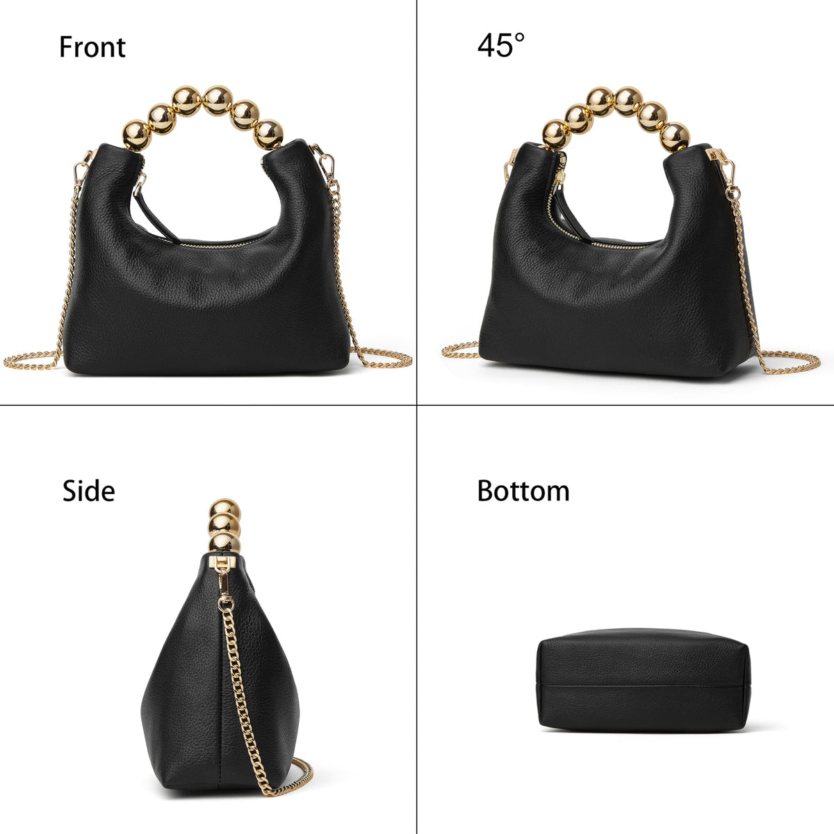 DORIS&JACKY Small Top Handle Clutch Purse for Women, Designer Leather Evening Crossbody Bag with Metal Ball Tote Handle And Leather Chain Strap (Black)