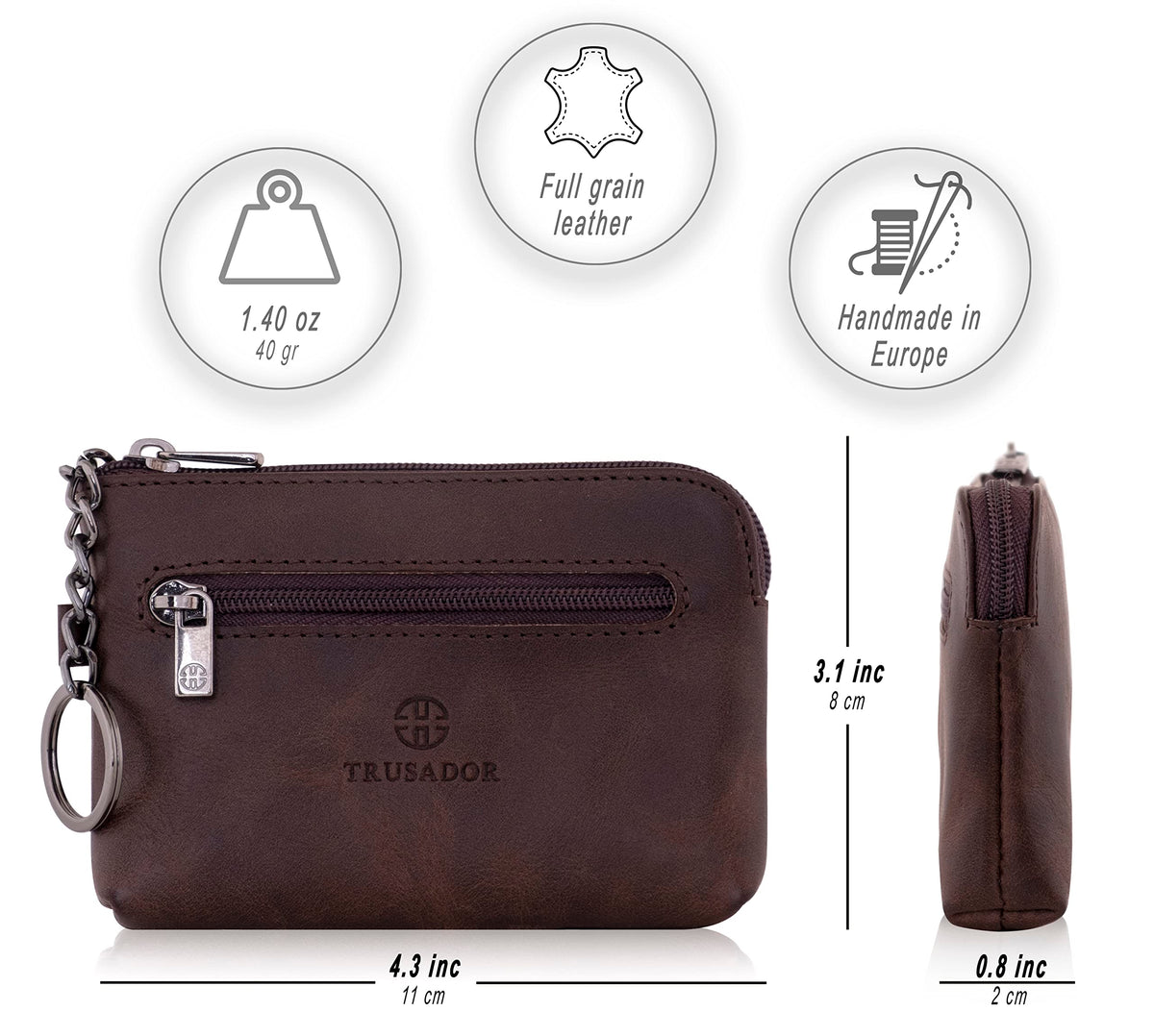 Trusador Milano Unisex Leather Front Pocket Wallet Coin Purse Zipper Pouch with Keychain (Brown)