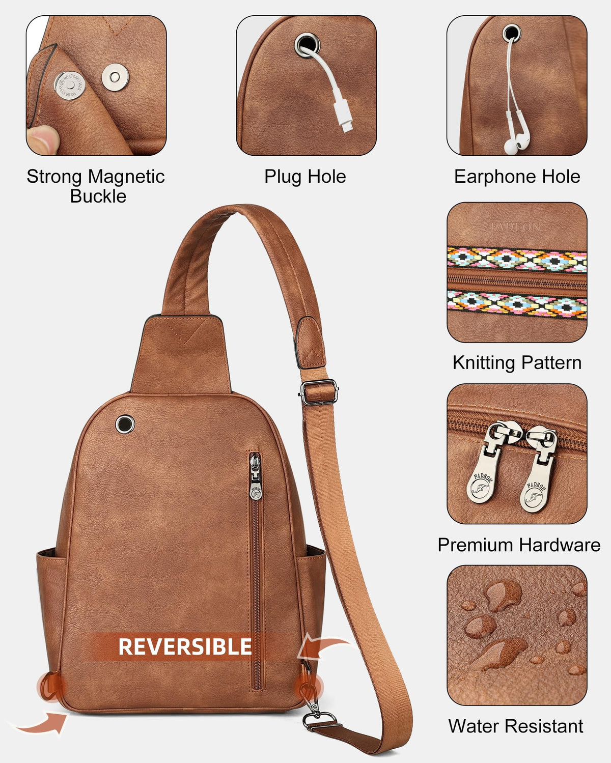 FADEON Large Sling Bag for Women, Leather Crossbody Purse Designer Anti Theft Sling Backpack, RFID Fanny Packs for Travel