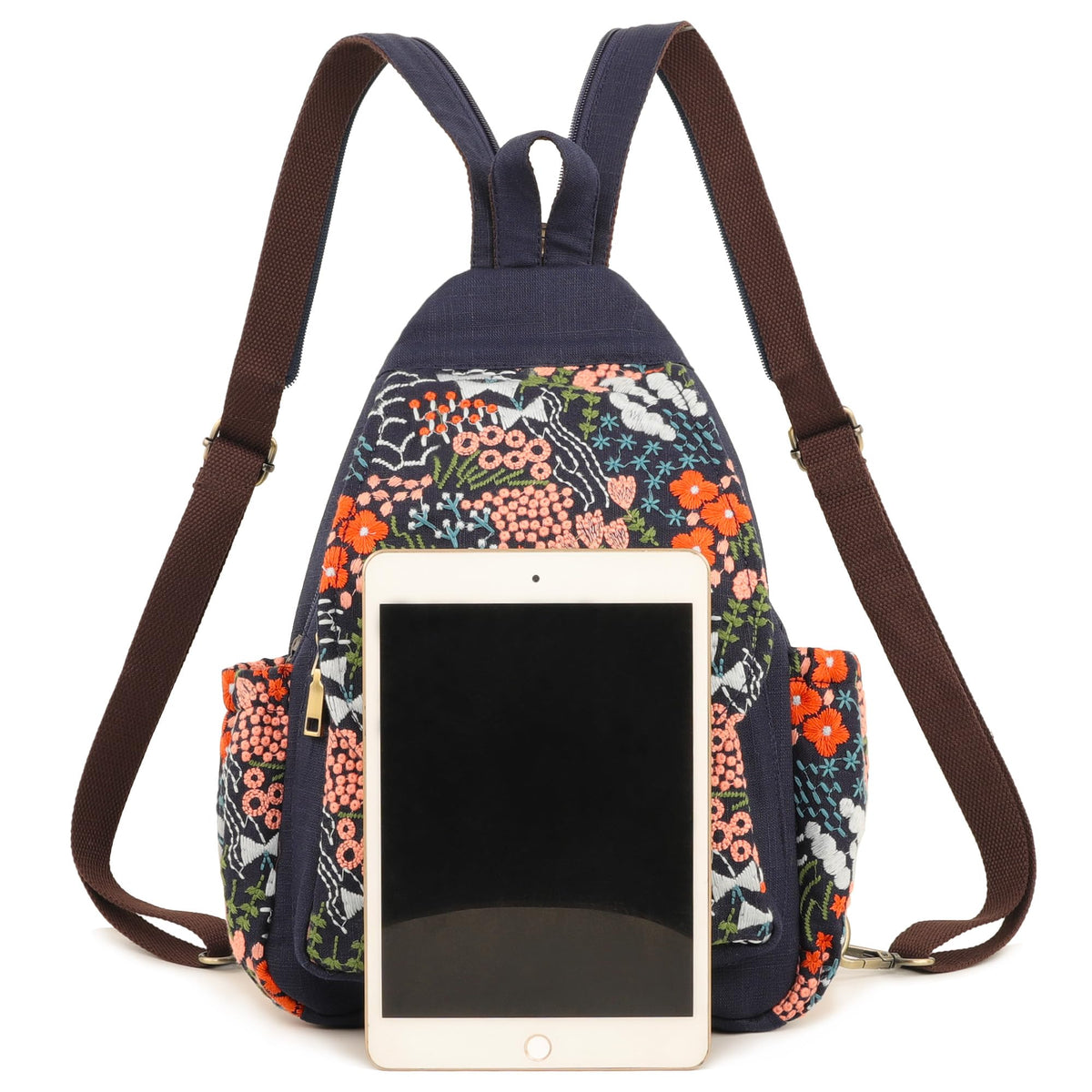 SILKAREA Canvas Sling Backpack Purse for Women Embroidered Flowers Travel Backpack Crossbody Bag Shoulder Bag (Embroidered B)