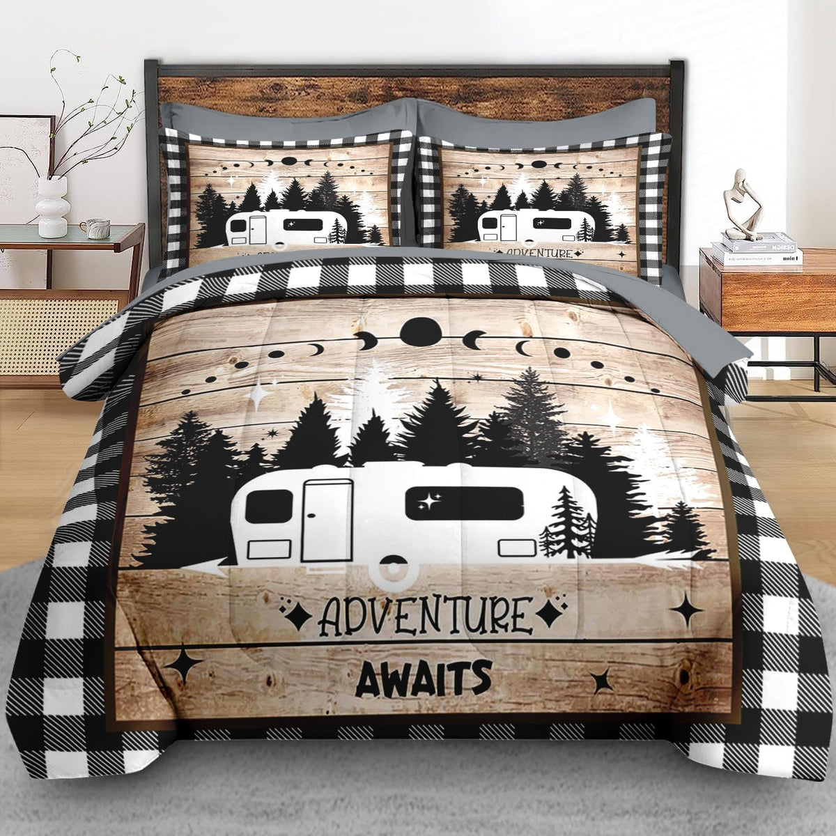 Pamnest Comforter Set Full Size, Camping Camper Rv 7 Pcs Bedding for Kids and Adults, Car Family Bed Sheet Sets with Fitted Sheet 2 Pillowcases & 2 Shams for Bedroom Bed Decor