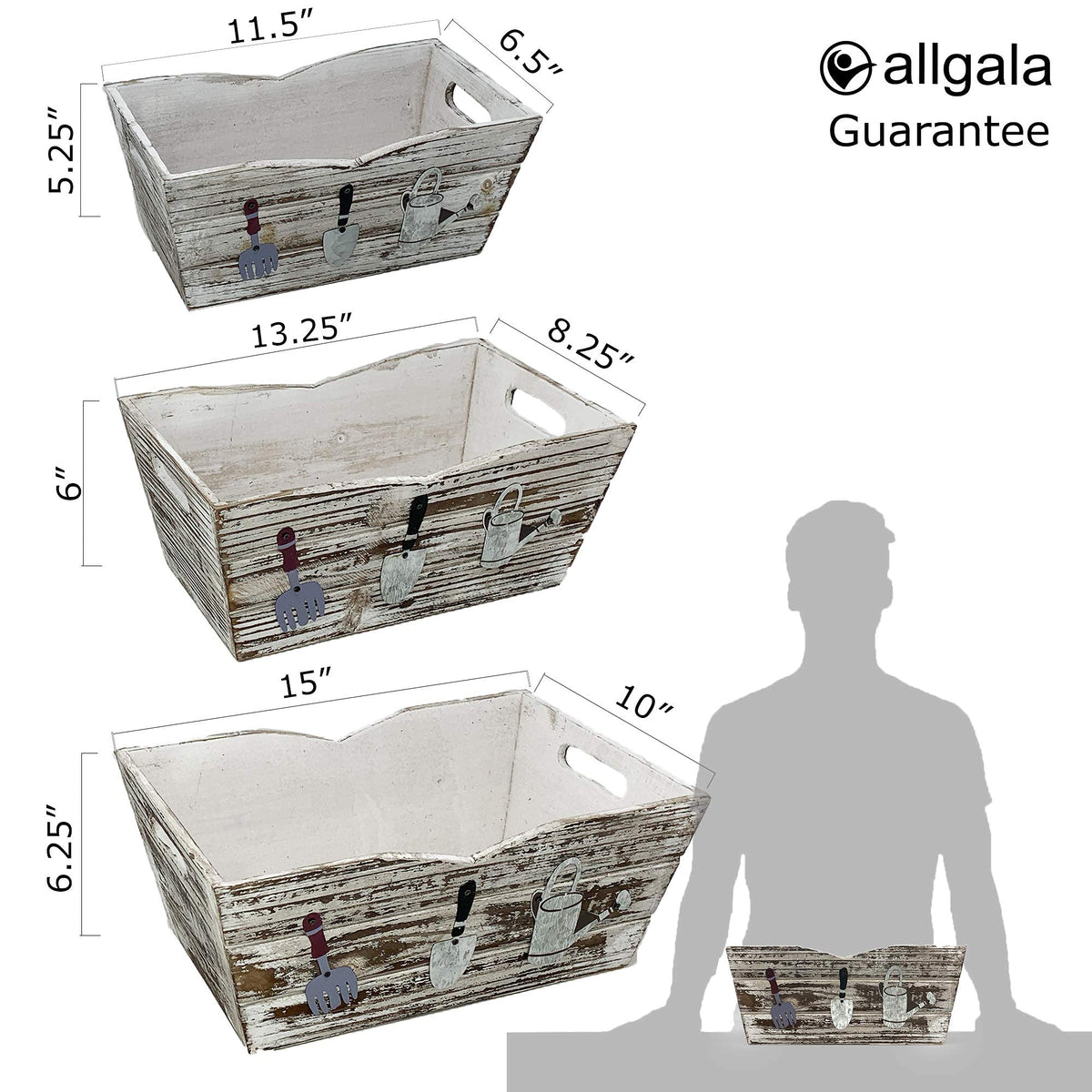 allgala HD88341 3-PC set Wooden Boxes Planter Trough for flower pots - Indoor Outdoor decoration Storage Display Boxes (Style 4)