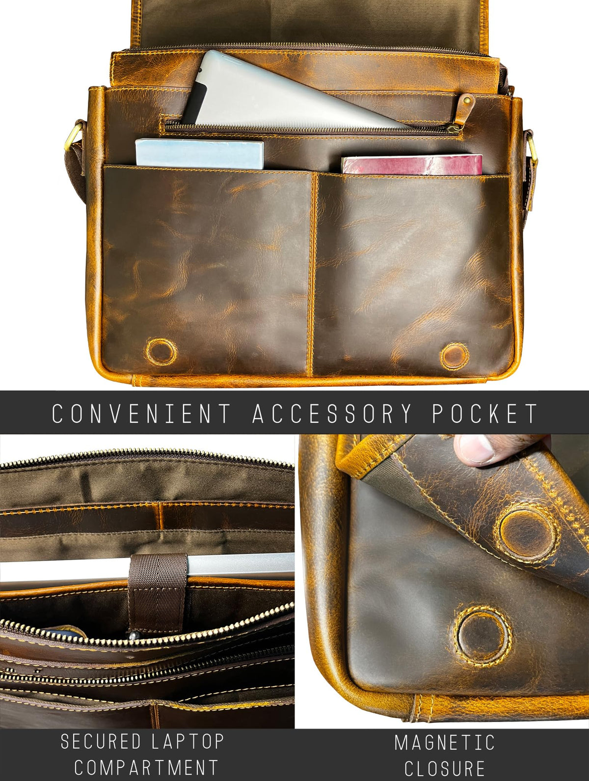 RUSTIC TOWN Leather Messenger Bag for Men Women - Full Grain Leather Laptop Satchel Office Shoulder Bag (16-Inch, Brown)
