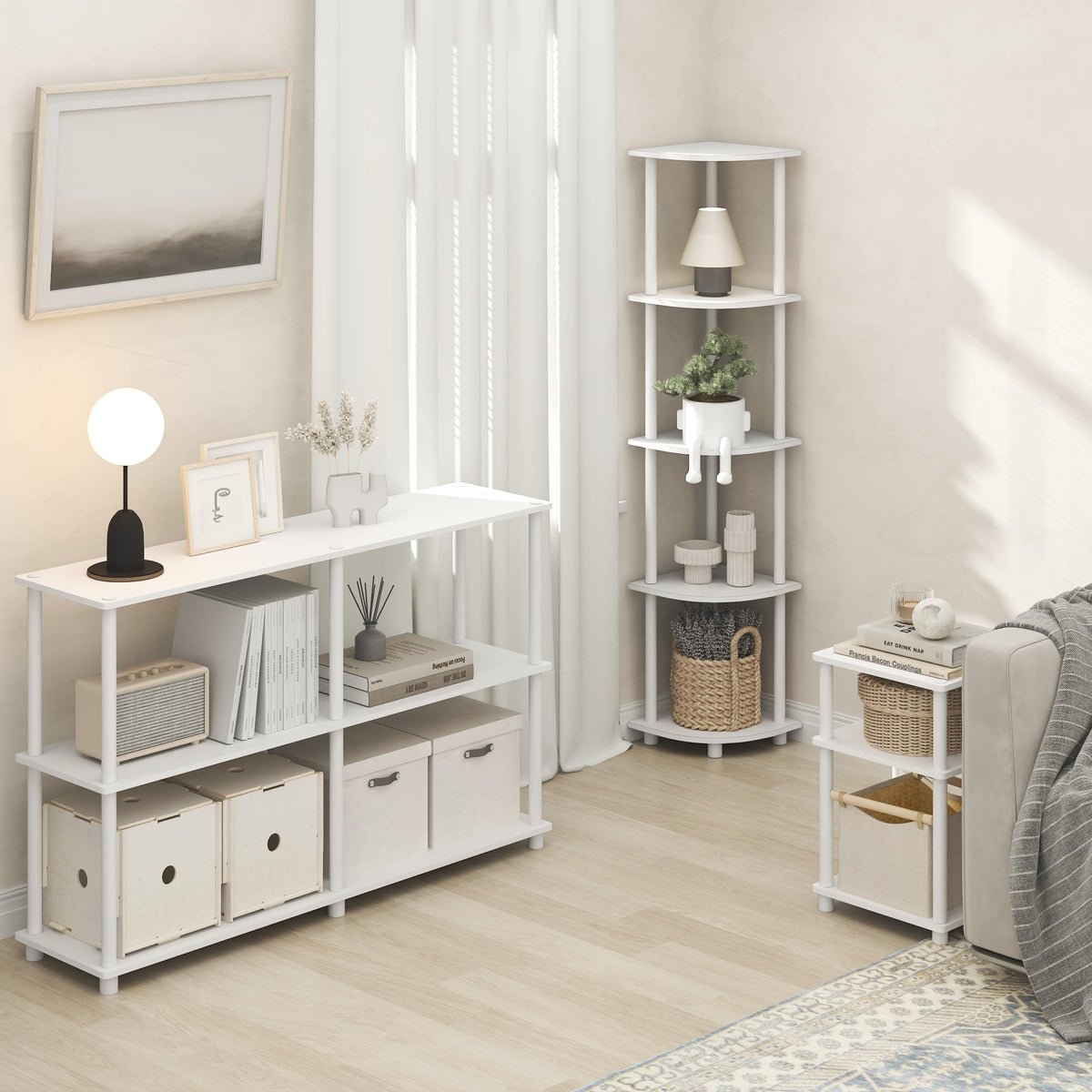 Furinno Turn-N-Tube Corner Shelf, 5-Tier Corner Bookshelf, Open Storage Shelves, for Organization and Storage, Living Room, Home Office, Garage, Bedroom, Plain White