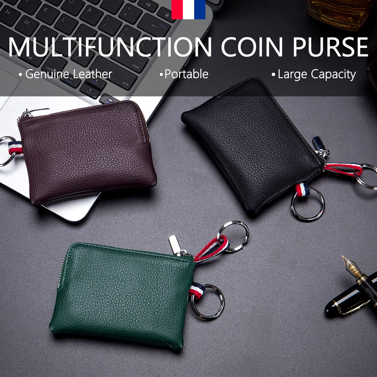 imeetu Leather Coin Purse Wallet, Mini Dual Keyrings Change Pouch Card Holder for Men Women (Coffee, standard)