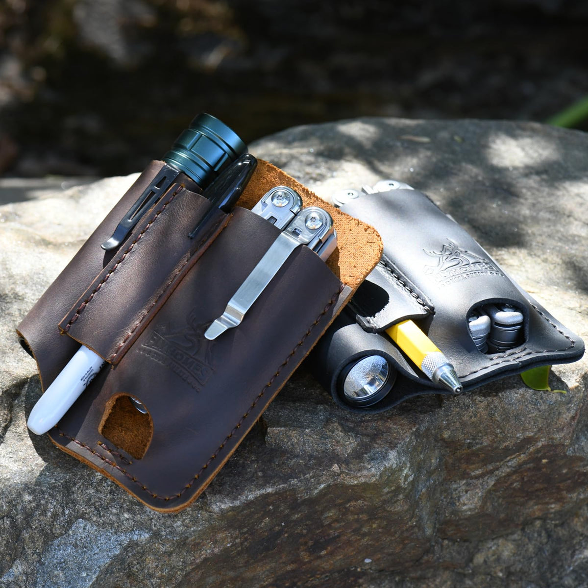 FLYHOMES Genuine Leather Multitool Sheath | Handmade Stitched EDC Belt Organizer for Leatherman Surge & Wave+ | Multi Tool Holster & Pen | Tools Pouch (Dark Brown)