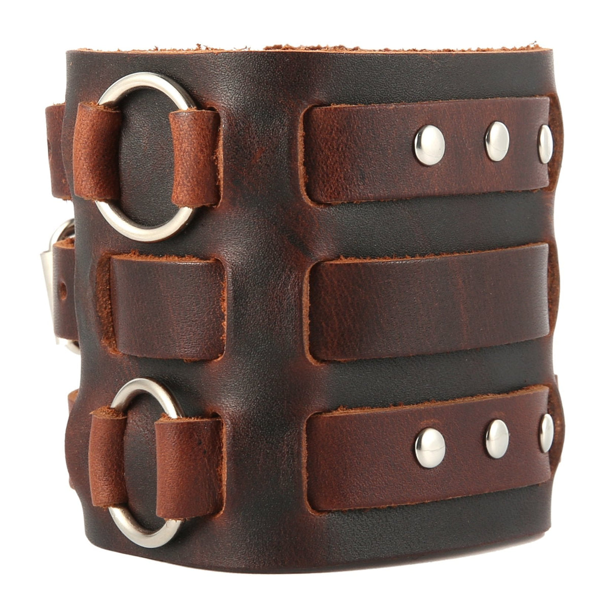 HZMAN Men's Alloy Ring Genuine Leather Bracelet Bangle Cuff Silver Tone Adjustable (Brown)