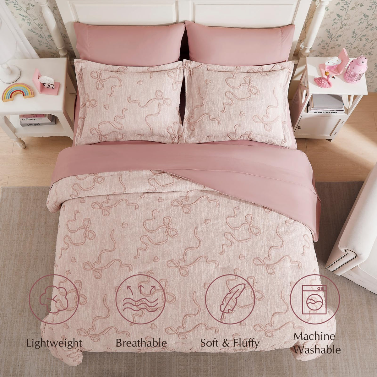 Geniospin Pink Twin Comforter Set for Girls- 5 Pieces Bowknot Jacquard Bed in A Bag Twin Bedding Sets with Sheets, Pillowcases & Shams, All Season Kids Comforter Set